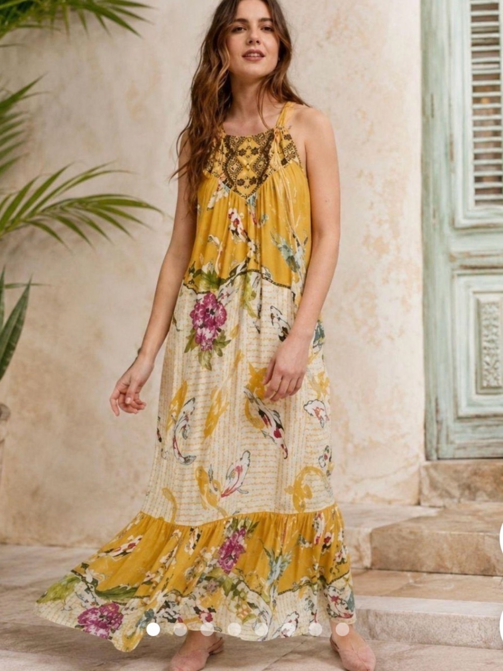 Mustard Yellow Floral Maxi Dress with Embroidered Yoke